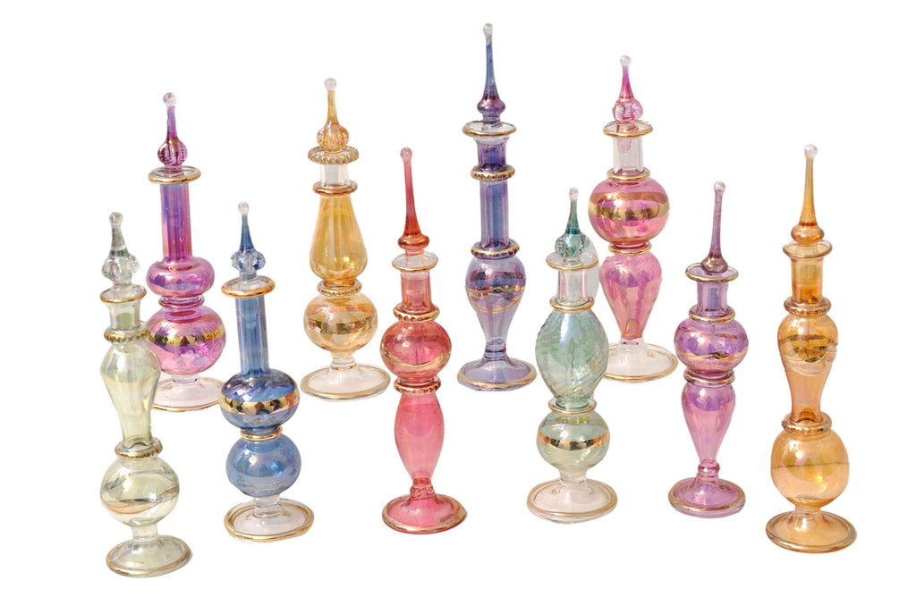 Genie Blown Glass Miniature Perfume Bottles for Perfumes & Essential Oils, Set of 10 Decorative Vials 4in High (12cm), Assorted Colors