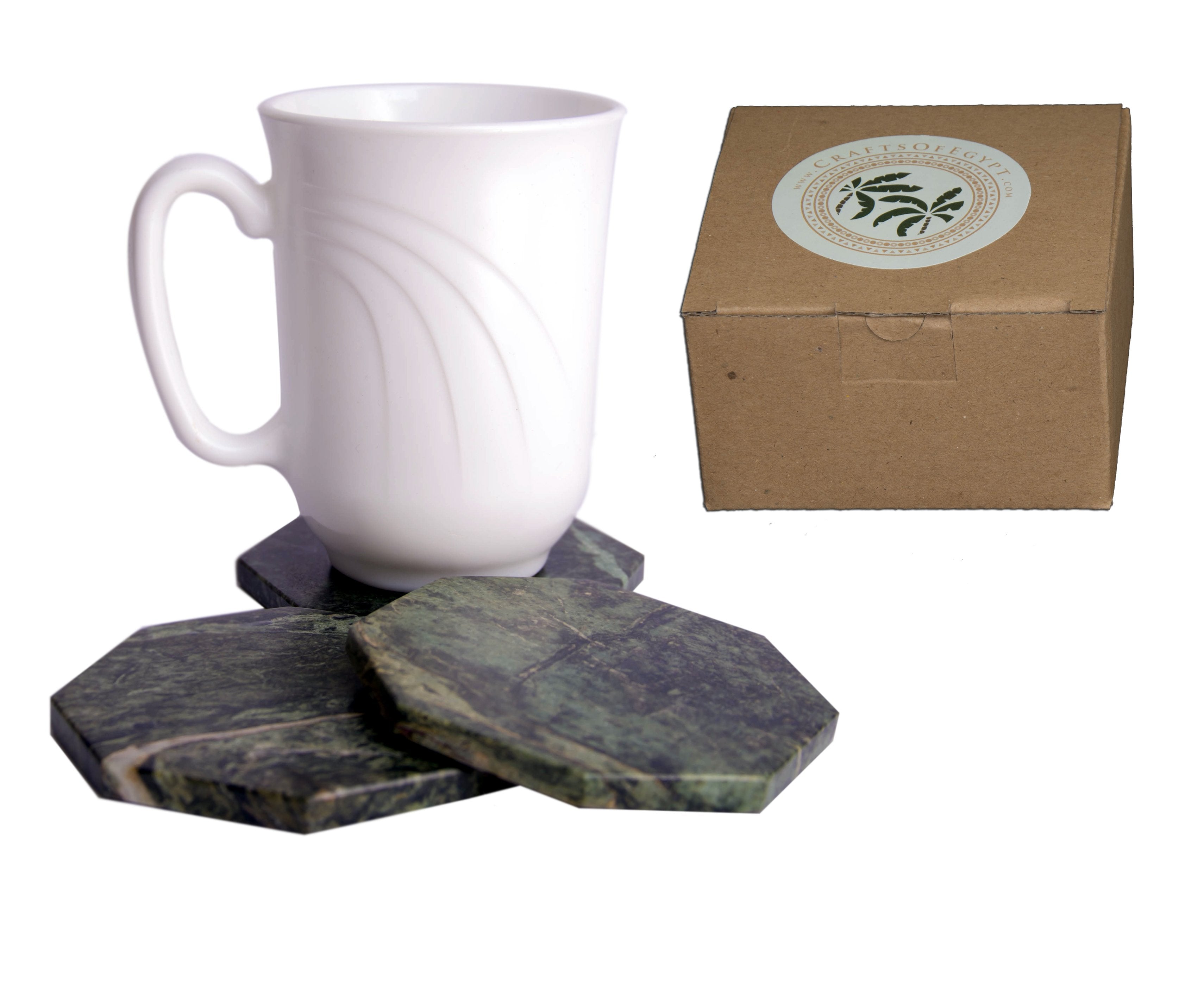 Set of 6 - Green Marble Stone Coasters Polished Coasters 3.5 Inches ( 9 cm) in Diameter Protection from Drink Rings -CraftsOfEgypt