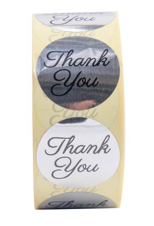 Thank you stickers Roll - Bulk 1000 Silver label Stickers - Large Round 1.5 inch size stickers-Bridal and Baby showers wedding favors - Personal and Business use - Thanks