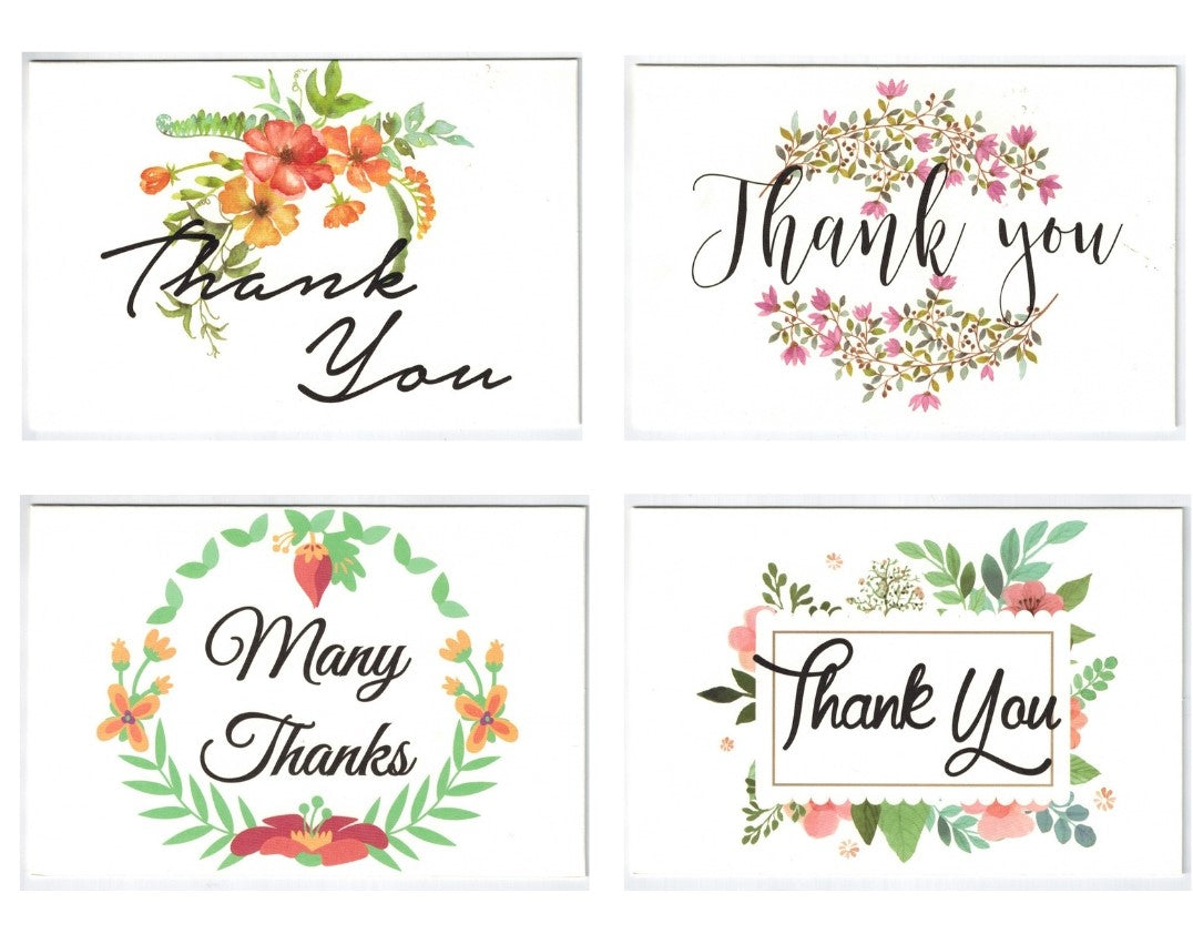 Thank You Cards Pack Of 100 - Blank Thank You Notes - Floral Water Colors - 4 X 6 Inches Thick White Note And Envelope - Personal And Business Use