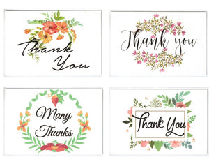 Thank You Cards Pack Of 100 - Blank Thank You Notes - Floral Water Colors - 4 X 6 Inches Thick White Note And Envelope - Personal And Business Use