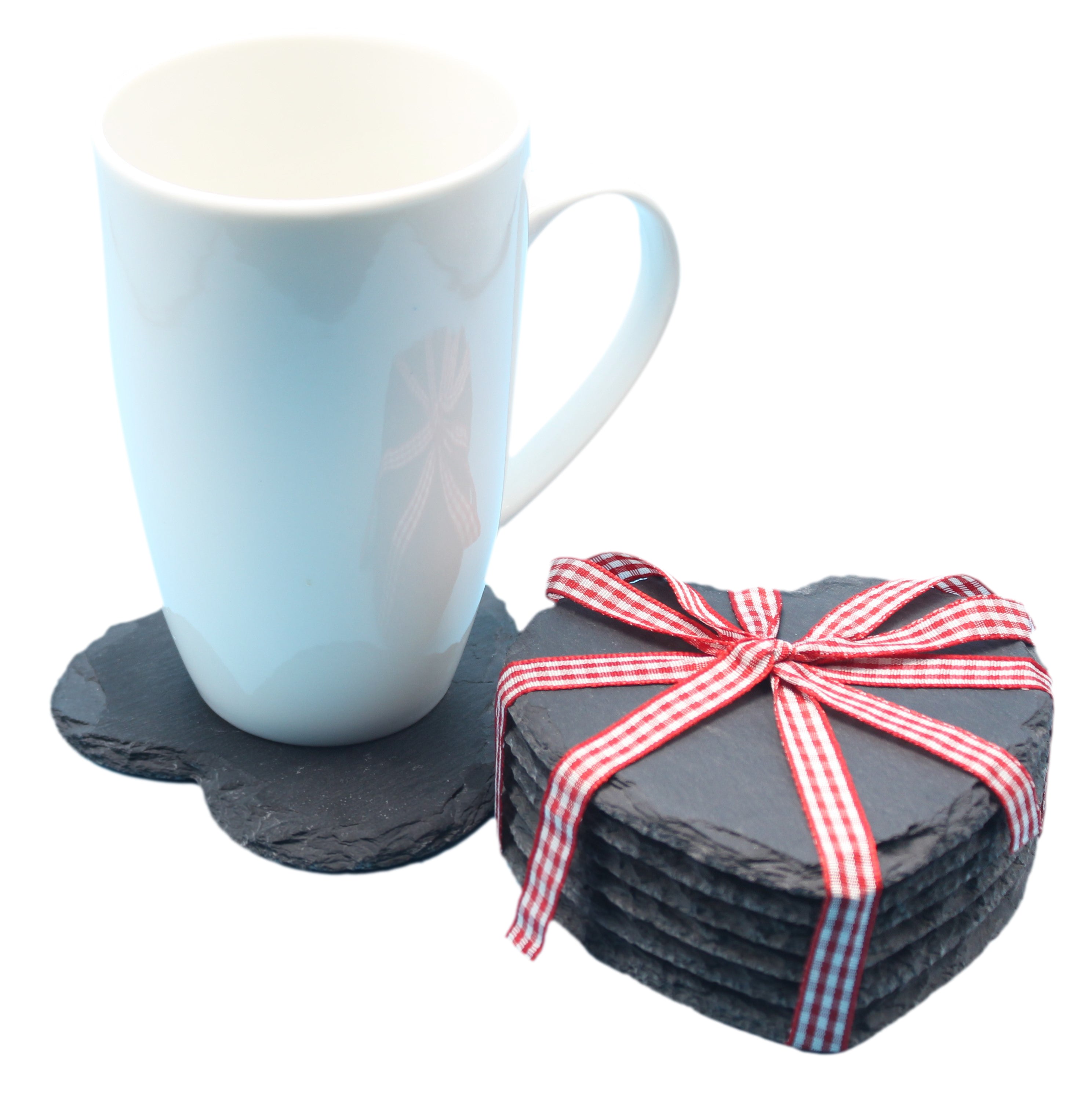 Slate Coasters - Set of 6 – A Heart Slate Coaster with a Ribbon – Protection from Drink Rings