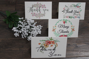 Thank You Cards Pack Of 100 - Blank Thank You Notes - Floral Water Colors - 4 X 6 Inches Thick White Note And Envelope - Personal And Business Use