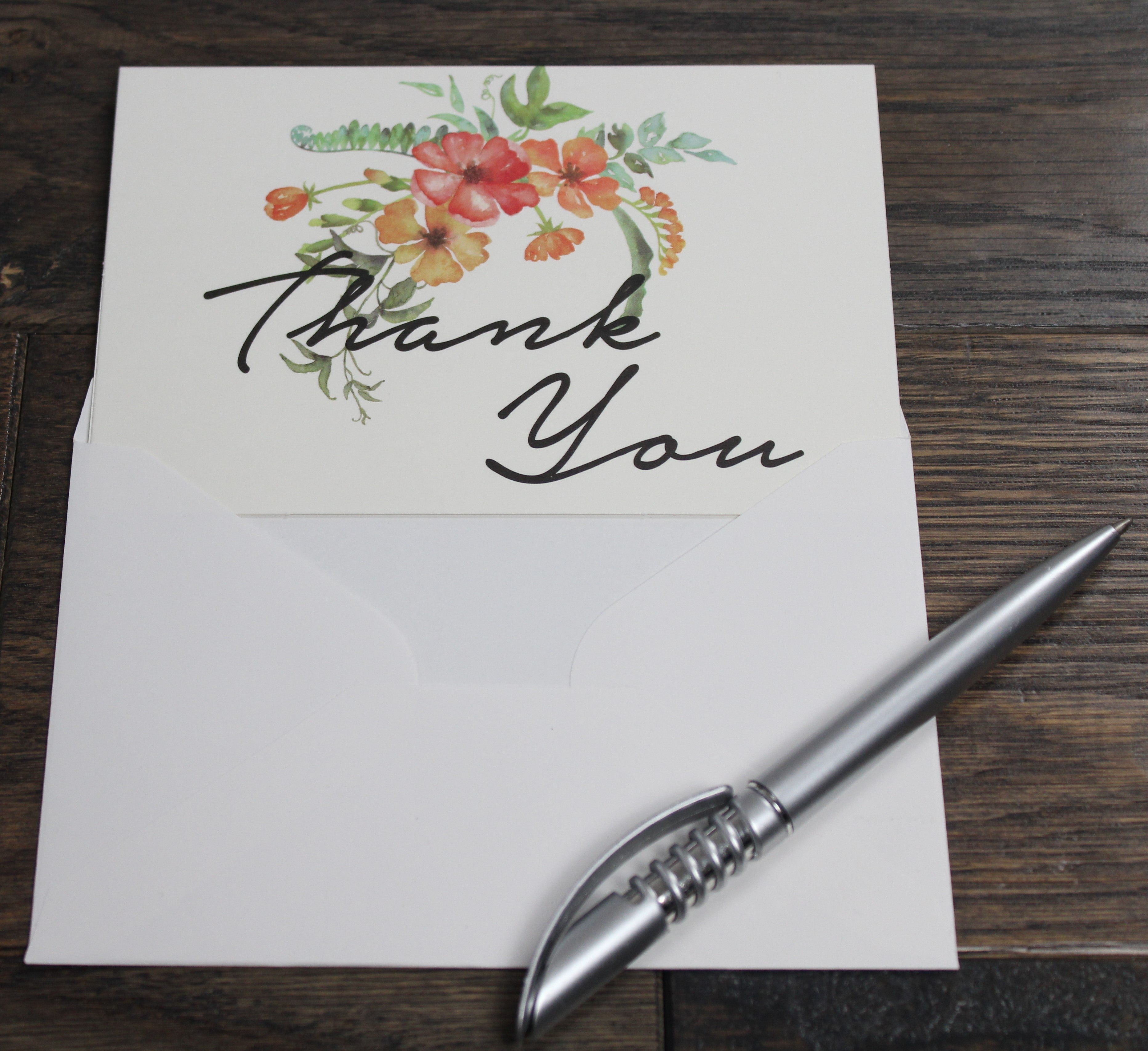 Thank You Cards Pack Of 100 - Blank Thank You Notes - Floral Water Colors - 4 X 6 Inches Thick White Note And Envelope - Personal And Business Use