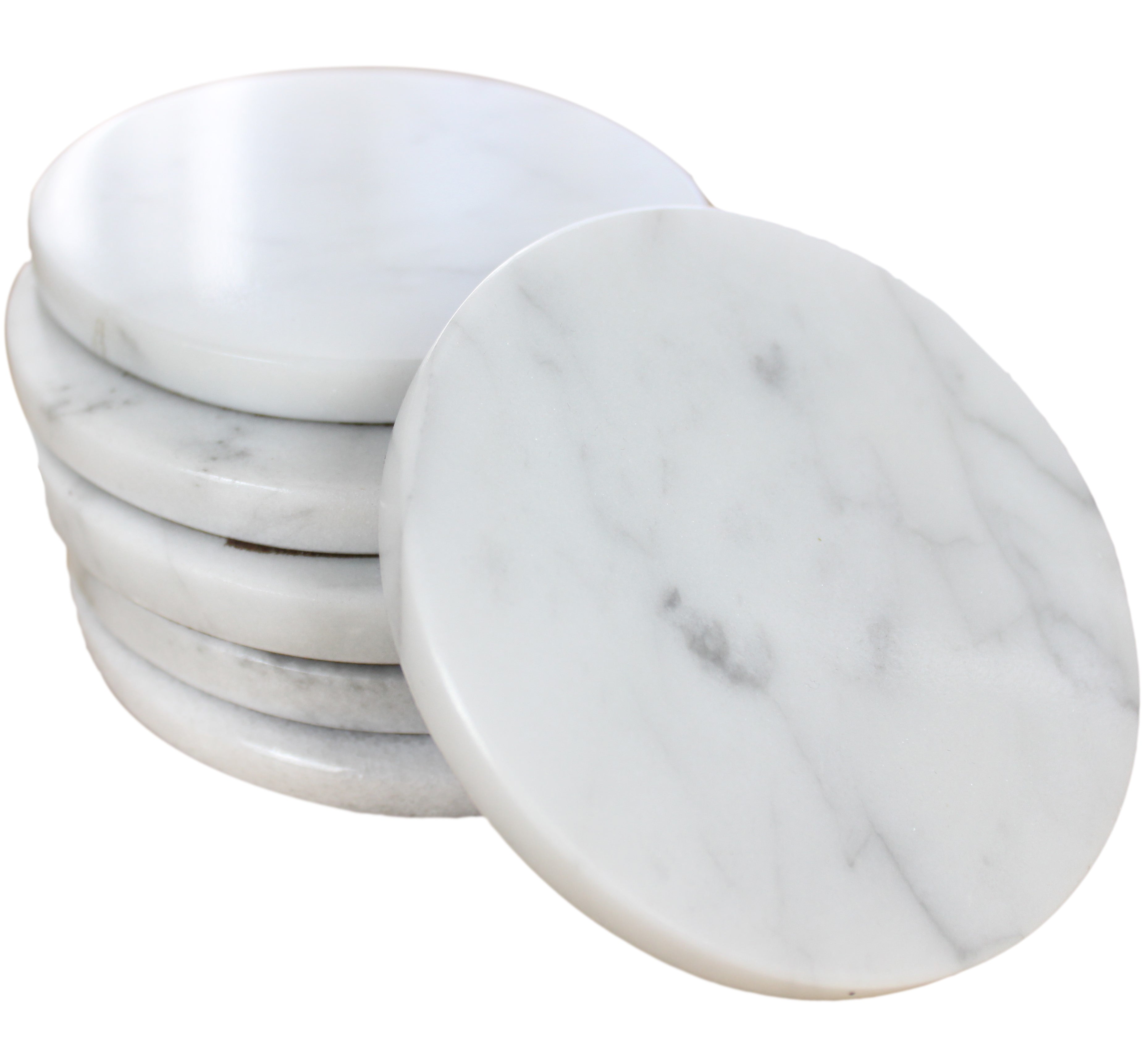 Set of 6 - White Marble Stone Coasters  Polished Coasters 3.5 Inches (9 cm) in Diameter Protection from Drink Rings