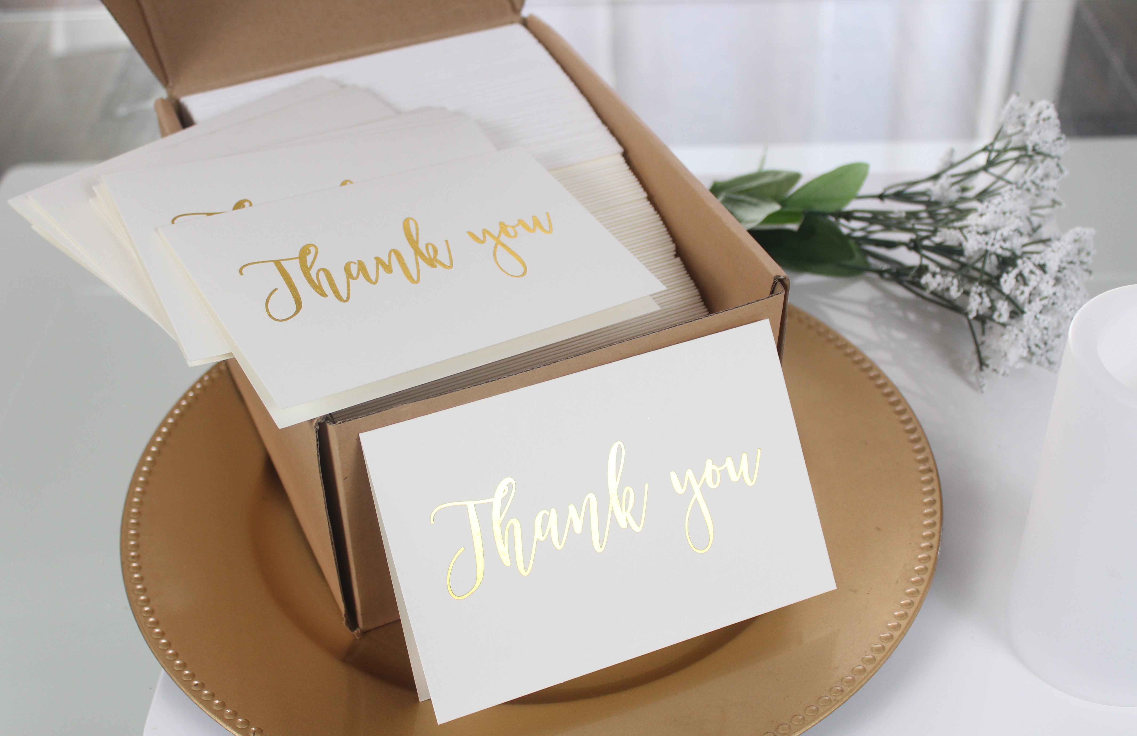 100 Pack Thank You Note Cards Bulk Set Box - Blank - Gold Foil -100 White Paper Envelopes 4 x 6 Inches - Personal and Business use