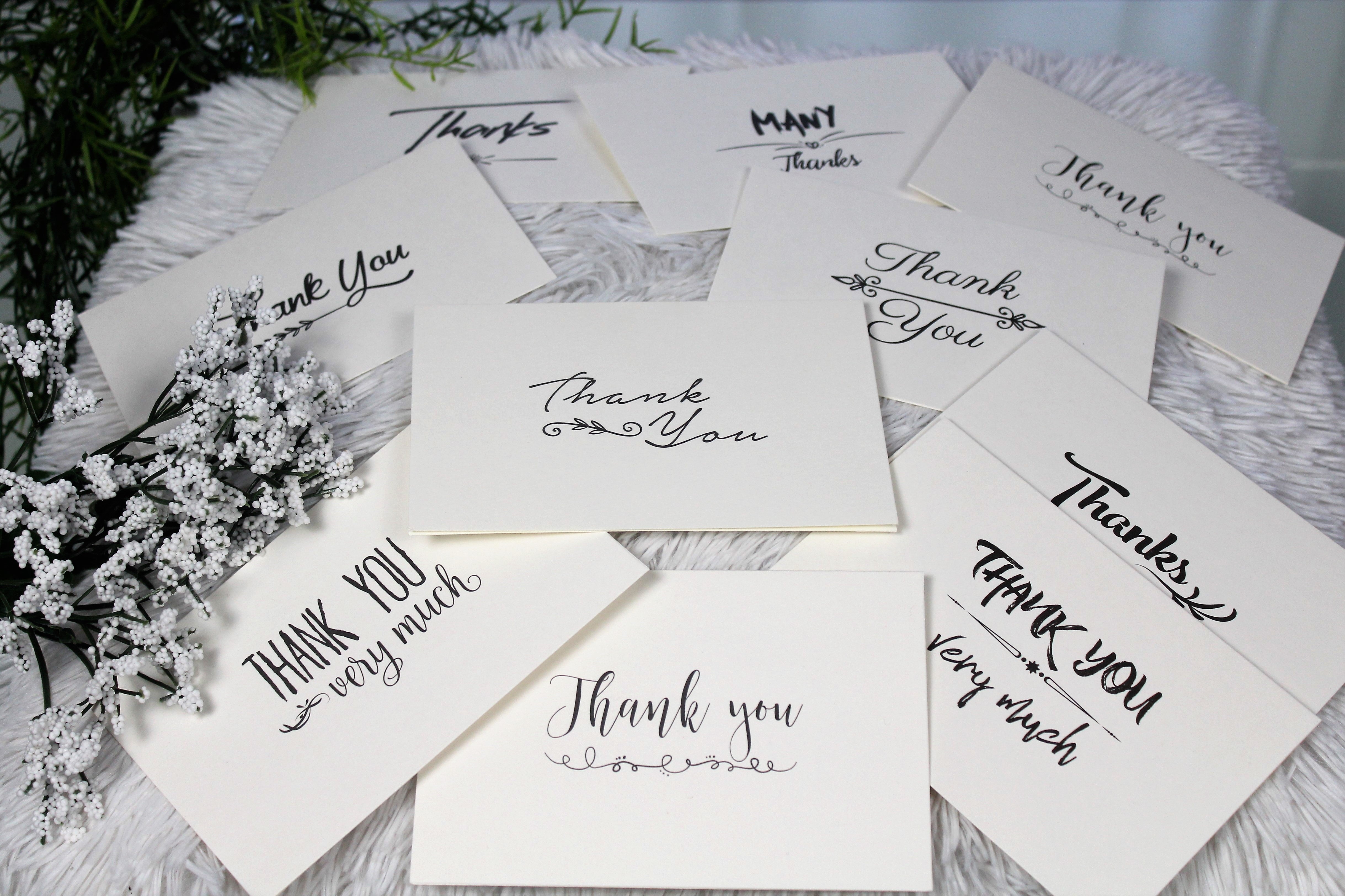 100 Pack Thank You Note Cards Bulk Set Box - Blank - 10 Vintage Handwritten Designs -100 Brown Kraft Paper Envelopes & Stickers- 4 x 6 Inches - Personal and Business use - Bridal and Baby showers