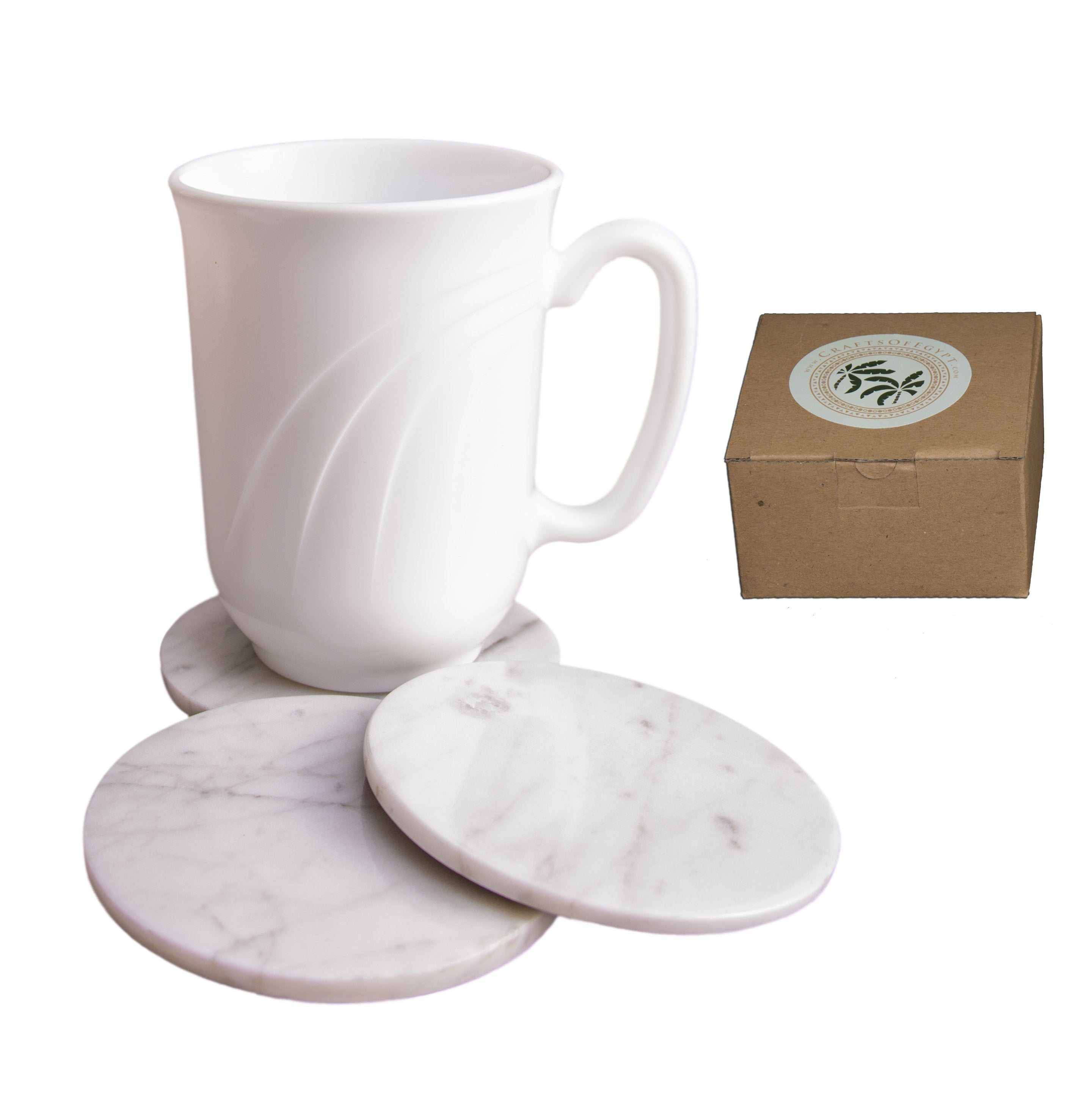 Set of 6 - White Marble Stone Coasters  Polished Coasters 3.5 Inches (9 cm) in Diameter Protection from Drink Rings