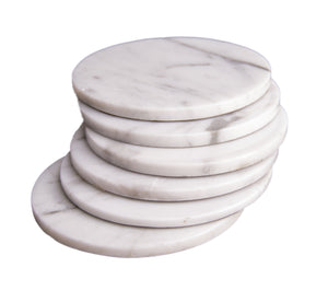 Set of 6 - White Marble Stone Coasters  Polished Coasters 3.5 Inches (9 cm) in Diameter Protection from Drink Rings